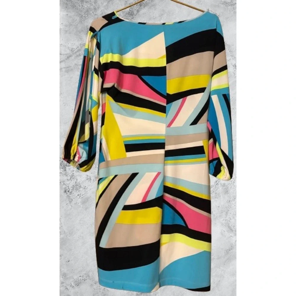 Calvin Klein Women Multi Color Geometric Abstract Cold Shoulder Sheath Dress 6 - Picture 2 of 6